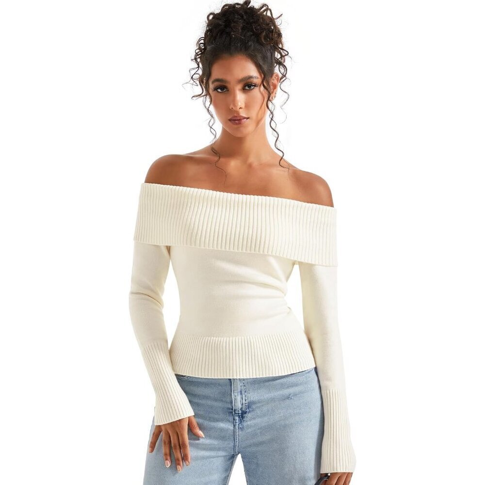 Women Off Shoulder Sweater Long Sleeve Ribbed Knit Fall Casual Top